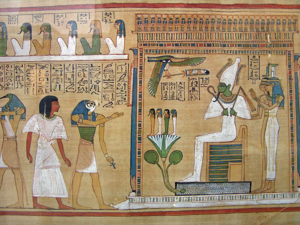 British Museum Top 20 18 Book of the Dead of Hunefer 18. Book of the Dead of Hunefer - The judgment of the dead in the presence of Osiris, Thebes Egypt, around 1275BC.  After being judged as justified, Hunefer is brought into the presence of Osiris by his son Horus,. Osiris is shown seated under a canopy, with his wife Isis and sister Nephthys behind. In front of Osiris the children of Horus stand on a lotus, while at the top a row of deities supervise the judgment.